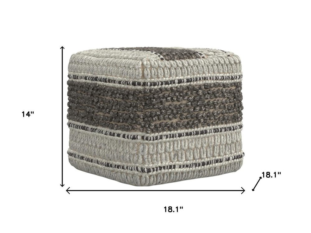 18" Blue Brown and Off White Cotton and Wool Striped Pouf Ottoman