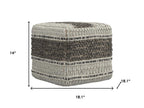 18" Blue Brown and Off White Cotton and Wool Striped Pouf Ottoman