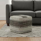 18" Blue Brown and Off White Cotton and Wool Striped Pouf Ottoman