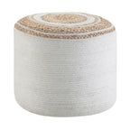 18" Natural and Off White Jute and Cotton Color Block Round Pouf Ottoman