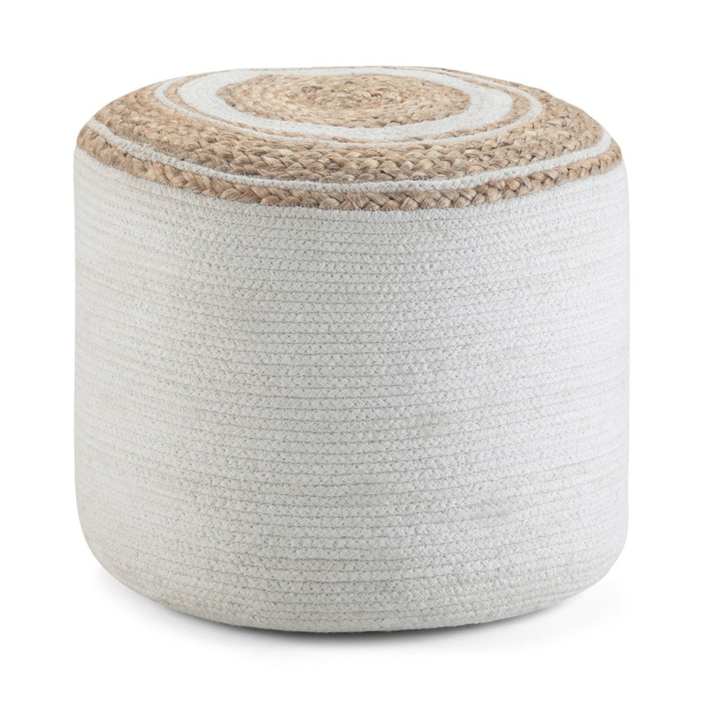18" Natural and Off White Jute and Cotton Color Block Round Pouf Ottoman