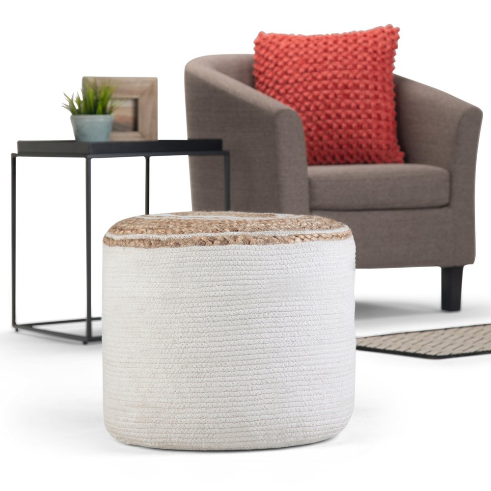 18" Natural and Off White Jute and Cotton Color Block Round Pouf Ottoman