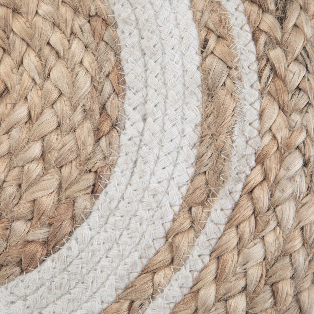 18" Natural and Off White Jute and Cotton Color Block Round Pouf Ottoman