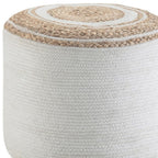 18" Natural and Off White Jute and Cotton Color Block Round Pouf Ottoman