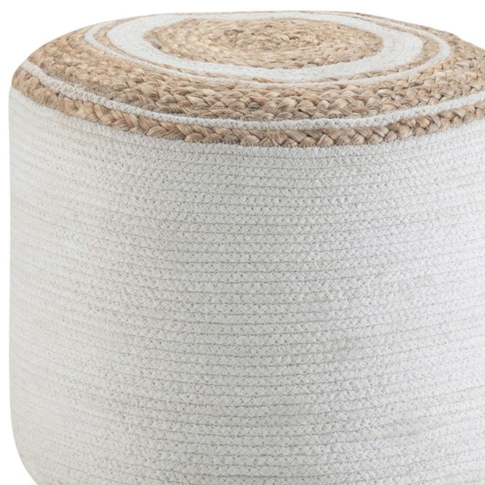 18" Natural and Off White Jute and Cotton Color Block Round Pouf Ottoman