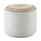 18" Natural and Off White Jute and Cotton Color Block Round Pouf Ottoman