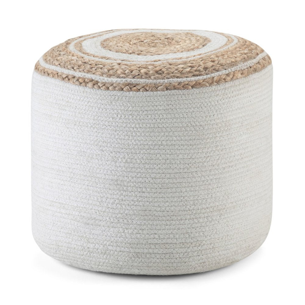 18" Natural and Off White Jute and Cotton Color Block Round Pouf Ottoman