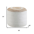 18" Natural and Off White Jute and Cotton Color Block Round Pouf Ottoman