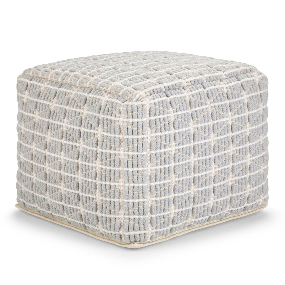 18" Light Blue and White Cotton Geometric Pouf Ottoman
