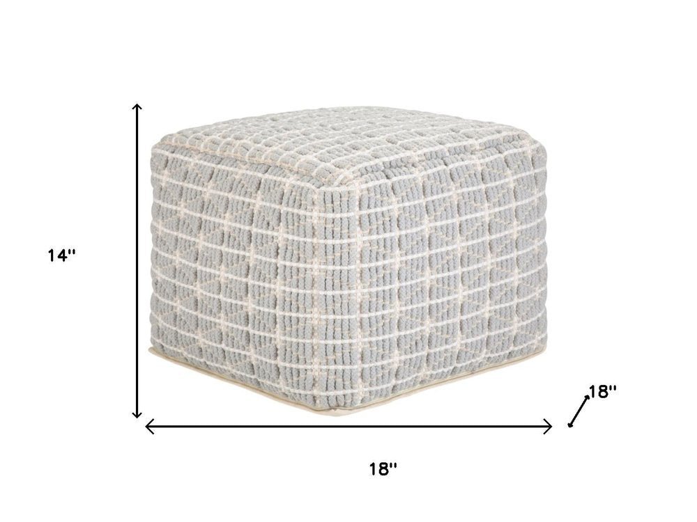 18" Light Blue and White Cotton Geometric Pouf Ottoman