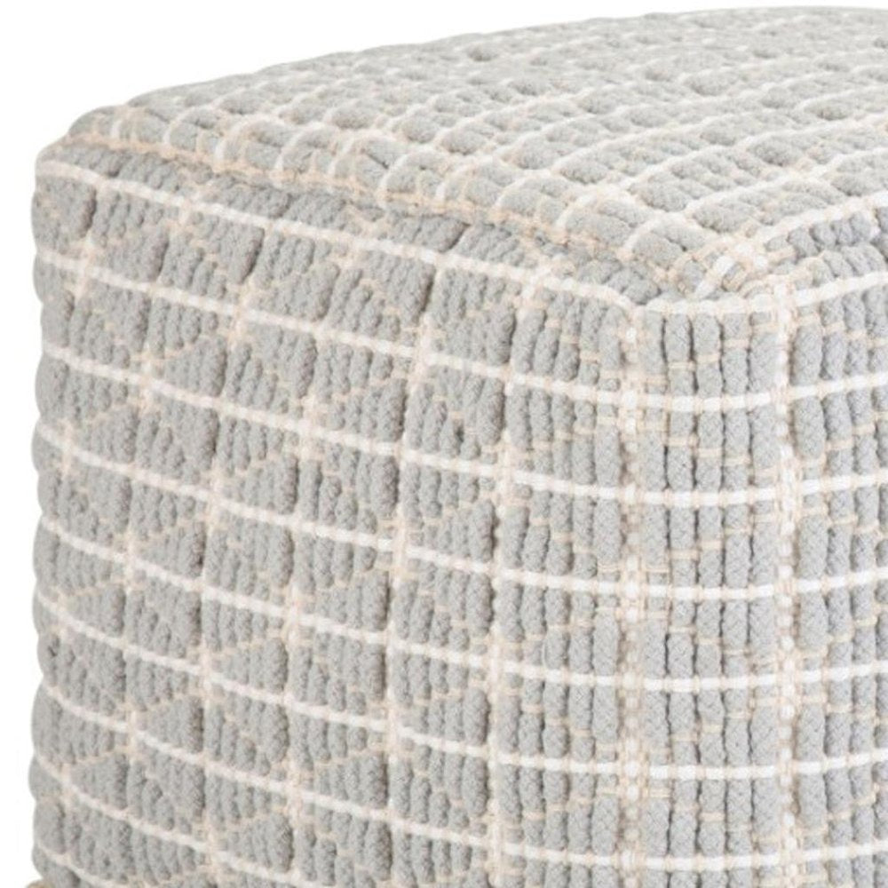 18" Light Blue and White Cotton Geometric Pouf Ottoman