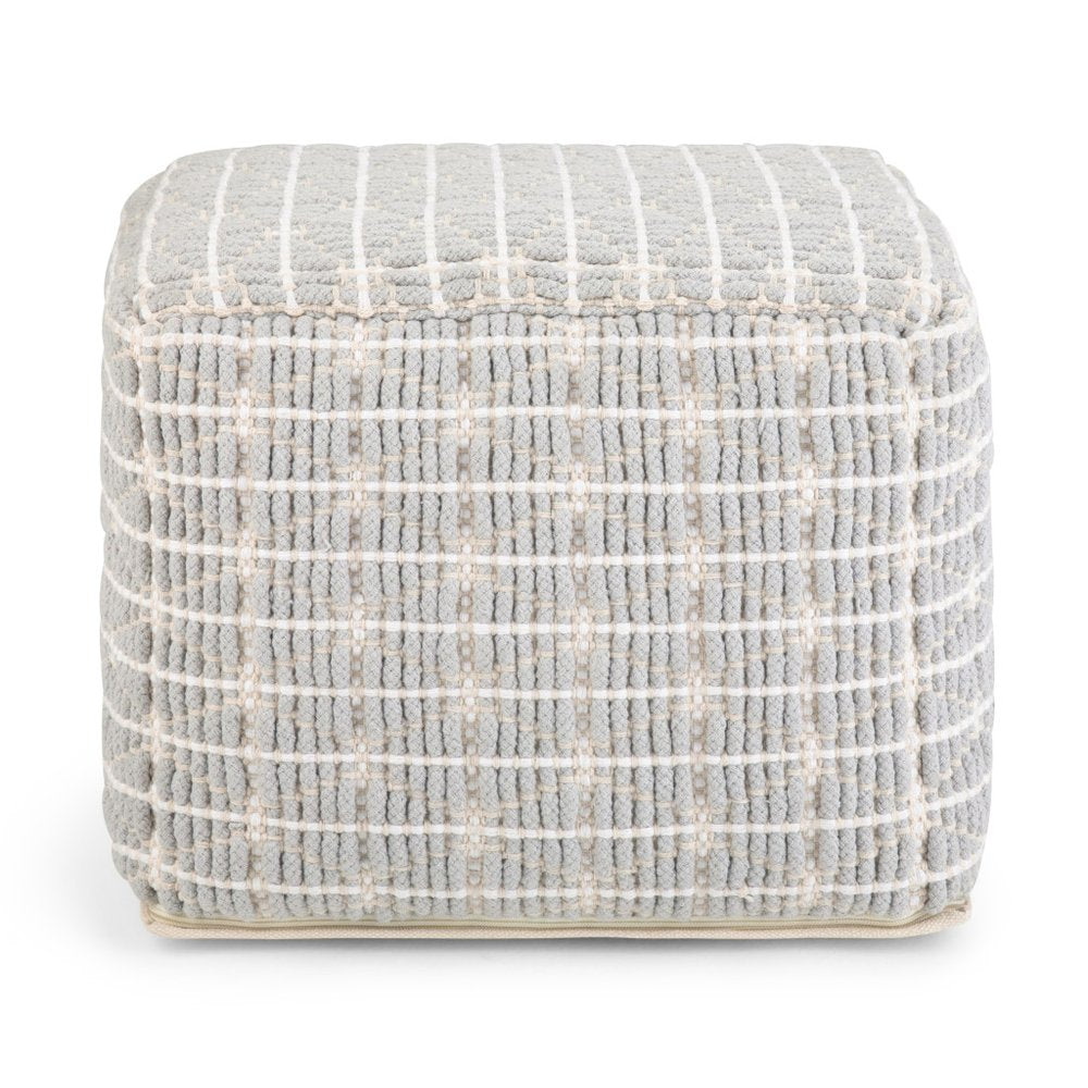 18" Light Blue and White Cotton Geometric Pouf Ottoman