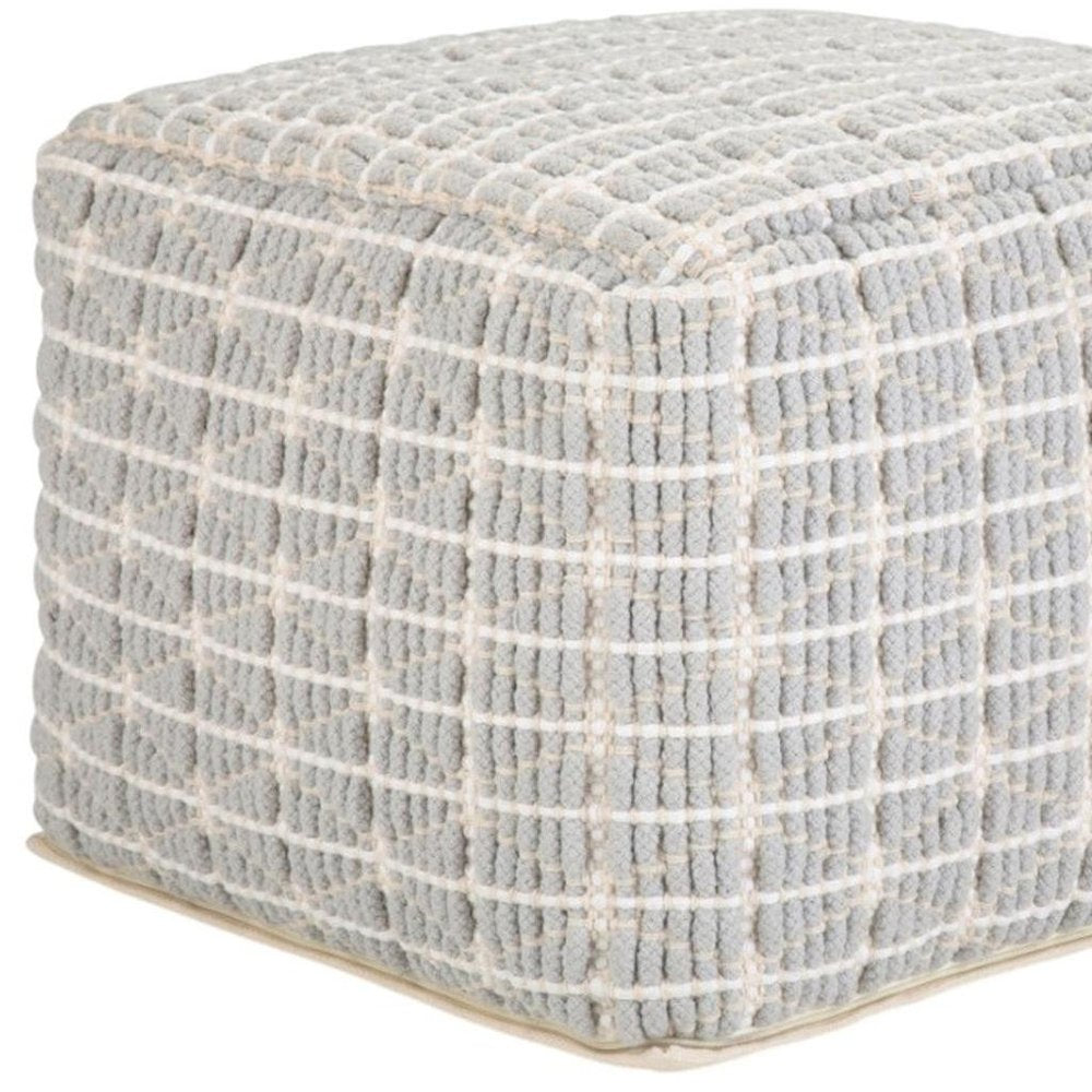 18" Light Blue and White Cotton Geometric Pouf Ottoman