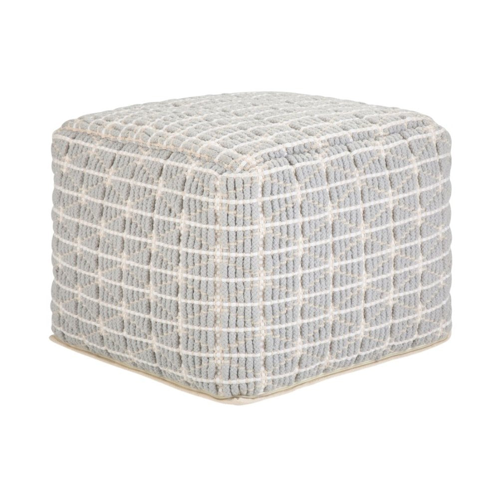 18" Light Blue and White Cotton Geometric Pouf Ottoman