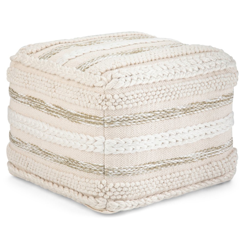18" Beige Brown and White Cotton Striped Pouf Ottoman