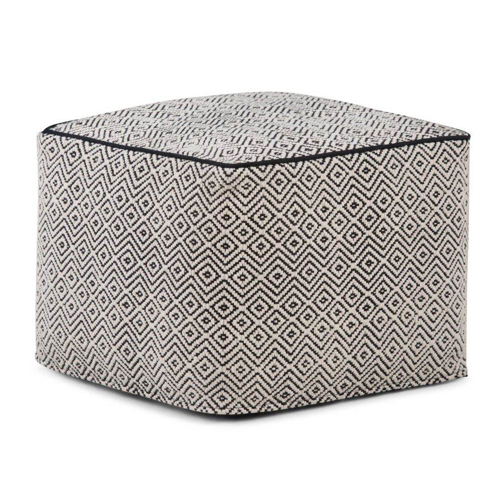 18" Black and White Cotton Geometric Pouf Ottoman