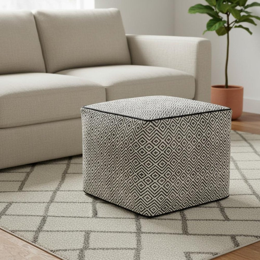 18" Black and White Cotton Geometric Pouf Ottoman