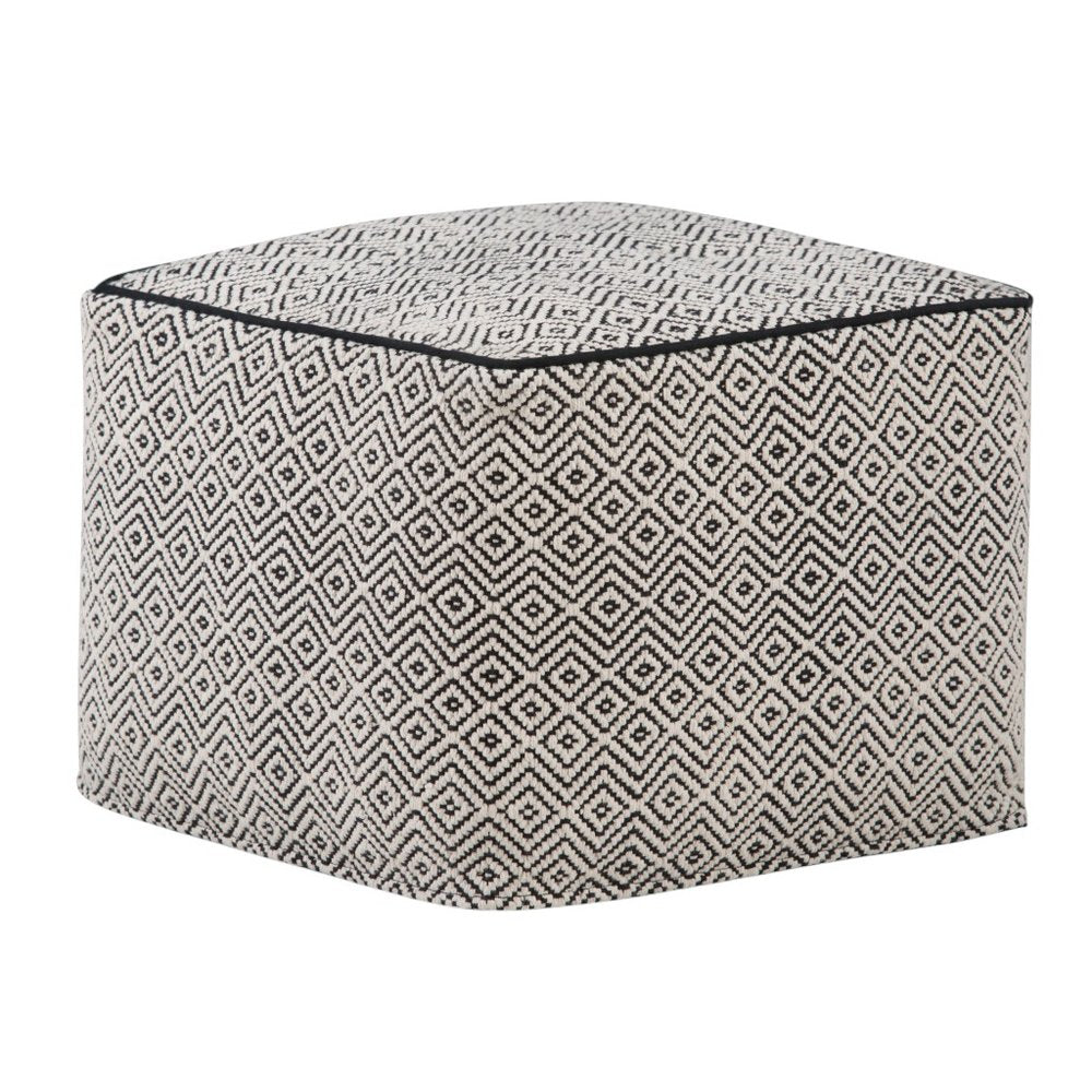 18" Black and White Cotton Geometric Pouf Ottoman