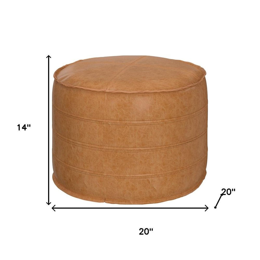 20" Brown Faux Leather Round Pouf Ottoman
