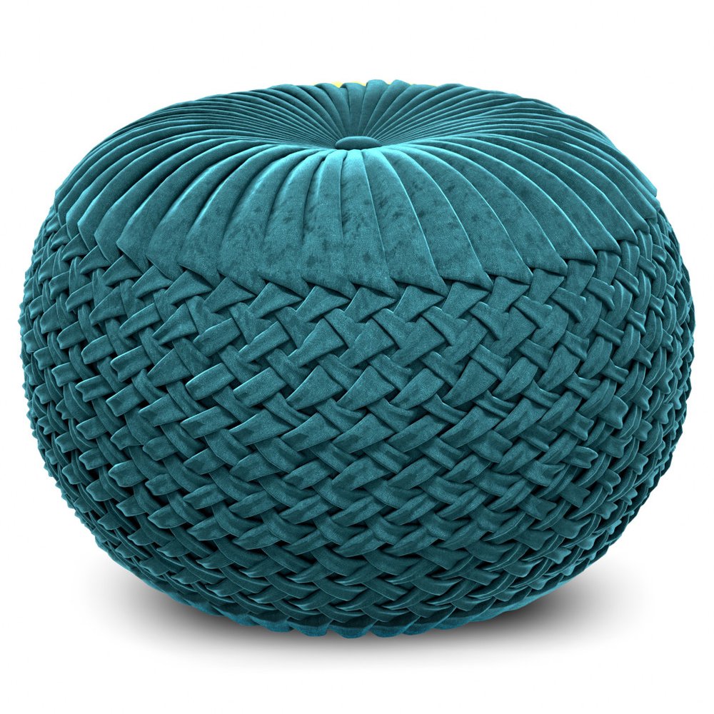 20" Teal Blue Velvet Tufted Round Pouf Ottoman