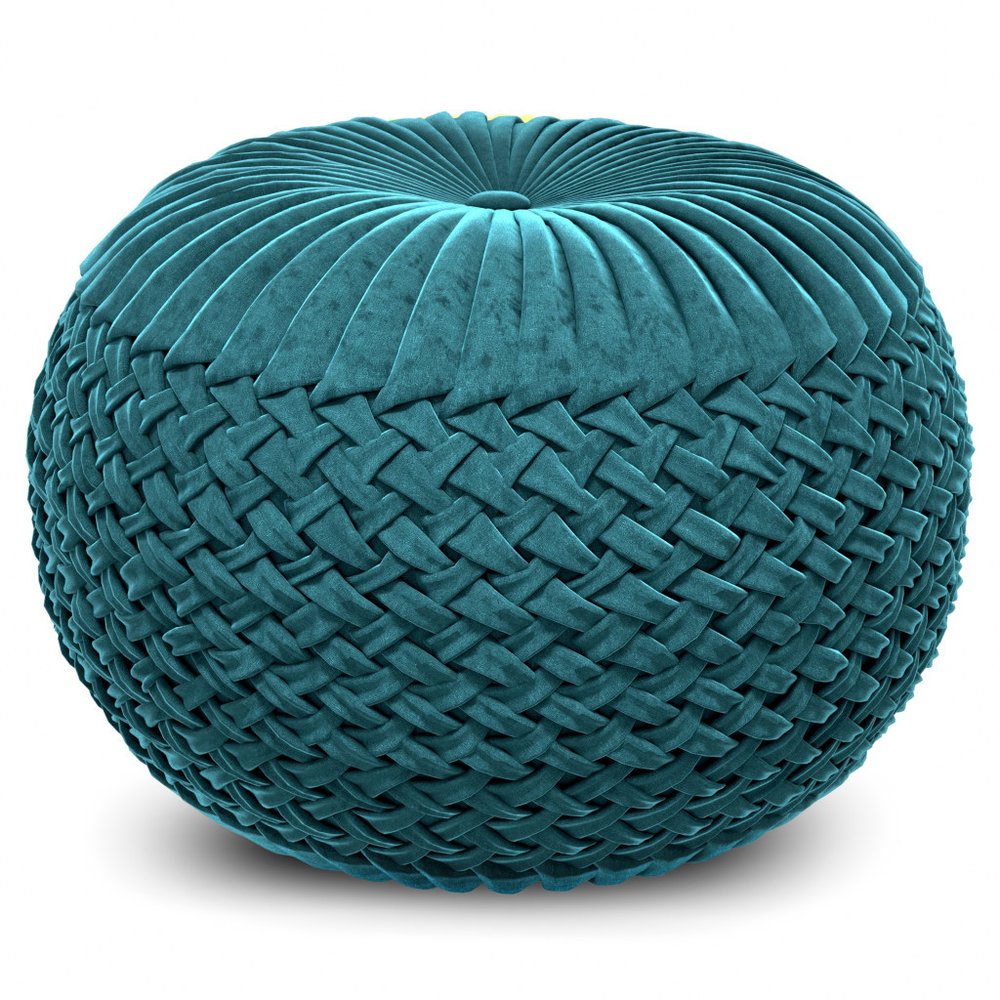 20" Teal Blue Velvet Tufted Round Pouf Ottoman