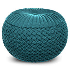 20" Teal Blue Velvet Tufted Round Pouf Ottoman