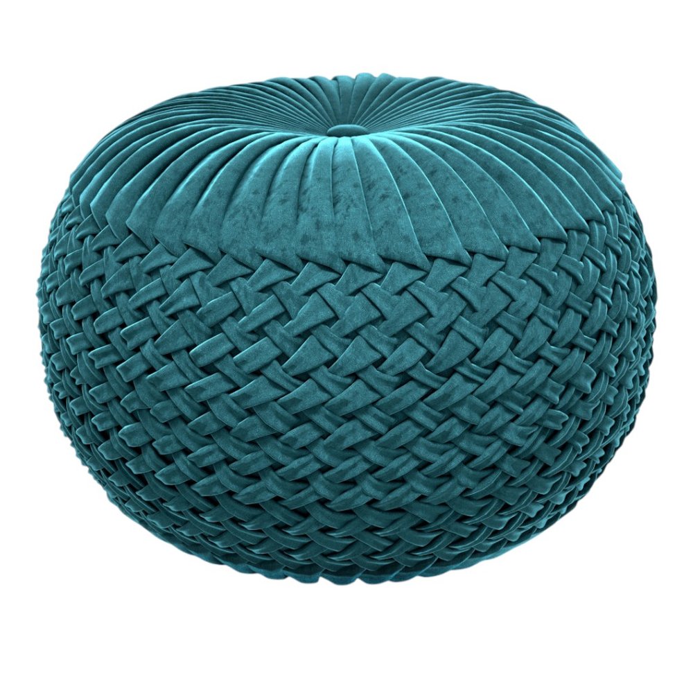 20" Teal Blue Velvet Tufted Round Pouf Ottoman