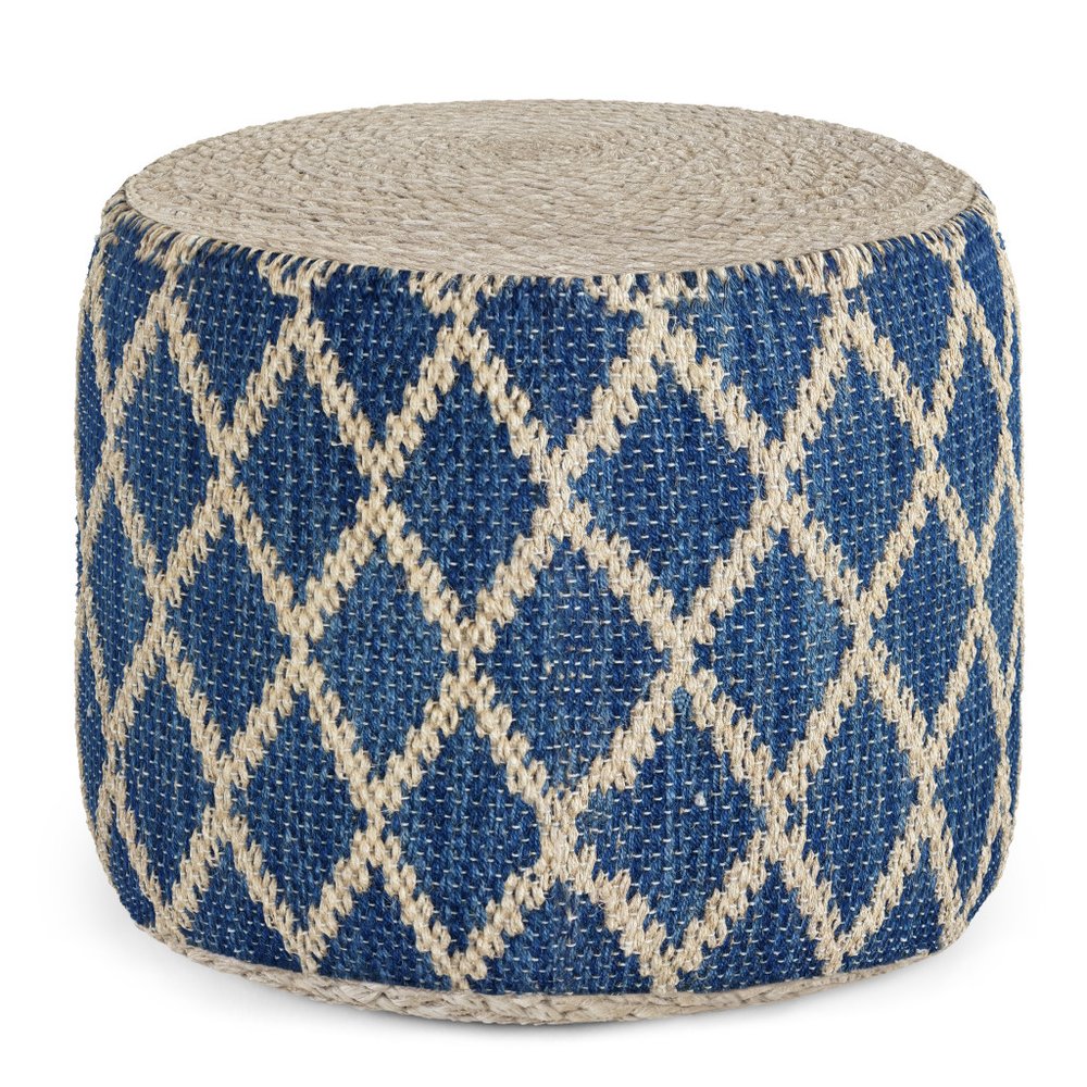 18" Blue and Natural Jute and Cotton Geometric Round Pouf Ottoman