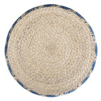 18" Blue and Natural Jute and Cotton Geometric Round Pouf Ottoman