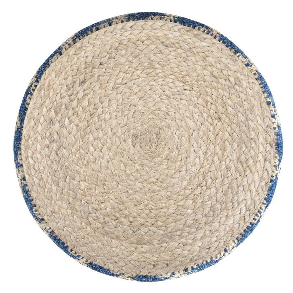 18" Blue and Natural Jute and Cotton Geometric Round Pouf Ottoman