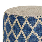 18" Blue and Natural Jute and Cotton Geometric Round Pouf Ottoman