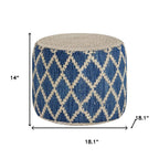 18" Blue and Natural Jute and Cotton Geometric Round Pouf Ottoman