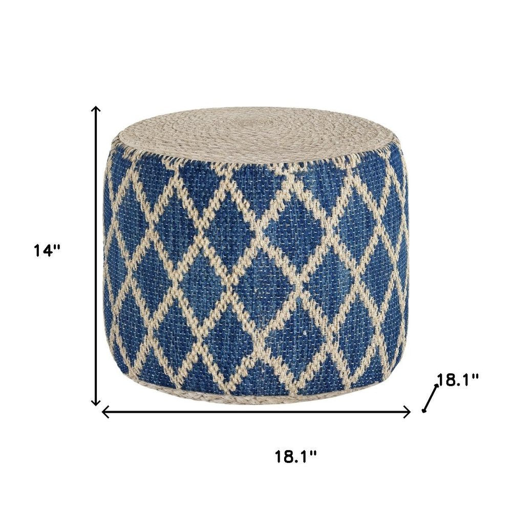 18" Blue and Natural Jute and Cotton Geometric Round Pouf Ottoman
