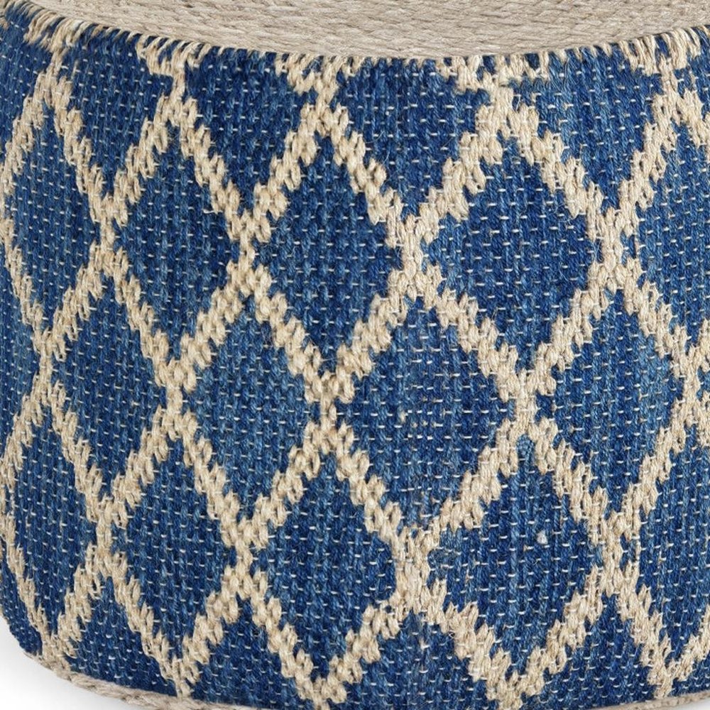 18" Blue and Natural Jute and Cotton Geometric Round Pouf Ottoman