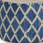 18" Blue and Natural Jute and Cotton Geometric Round Pouf Ottoman