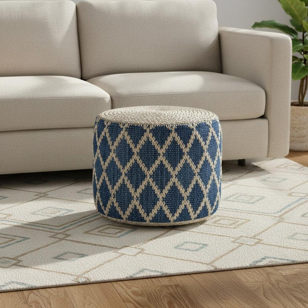 18" Blue and Natural Jute and Cotton Geometric Round Pouf Ottoman