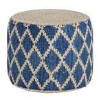 18" Blue and Natural Jute and Cotton Geometric Round Pouf Ottoman