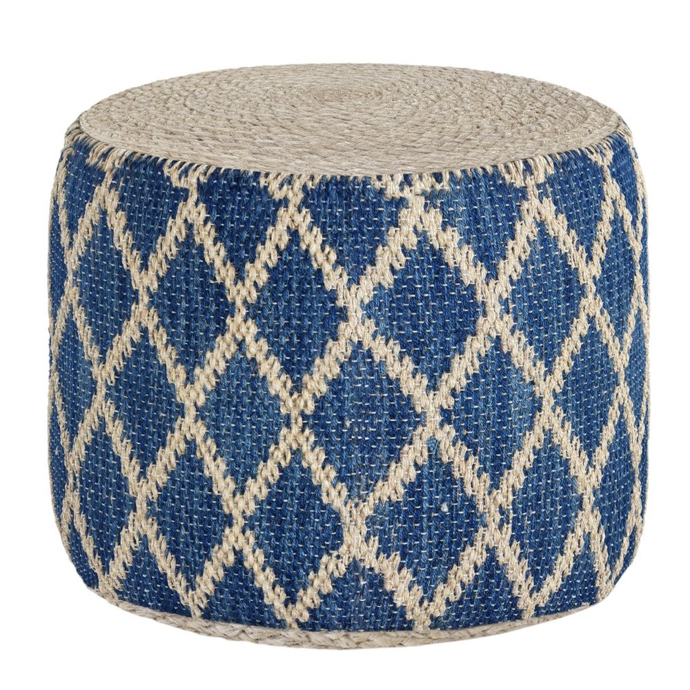 18" Blue and Natural Jute and Cotton Geometric Round Pouf Ottoman