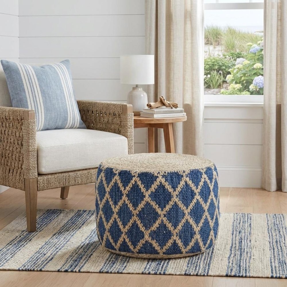 18" Blue and Natural Jute and Cotton Geometric Round Pouf Ottoman