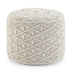 18" Off White Cotton Geometric Round Pouf Ottoman
