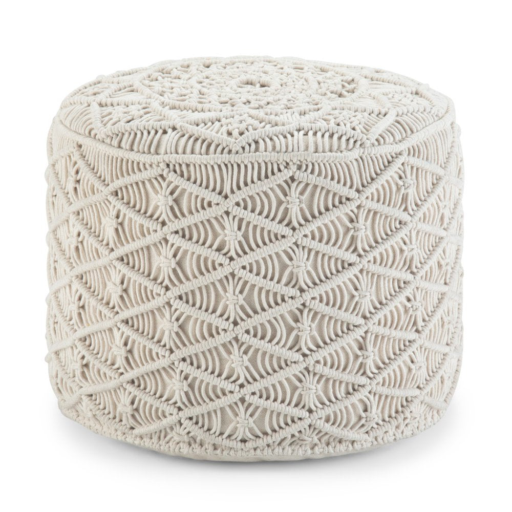 18" Off White Cotton Geometric Round Pouf Ottoman