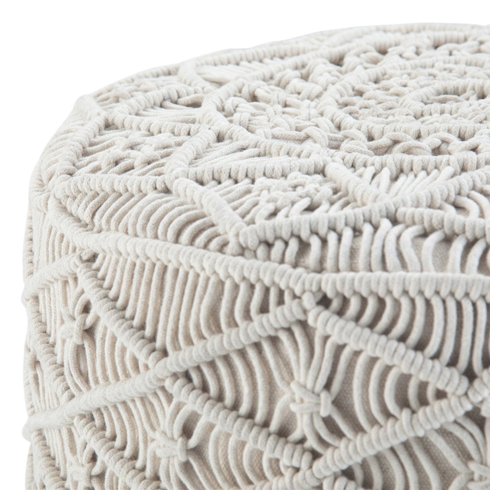 18" Off White Cotton Geometric Round Pouf Ottoman