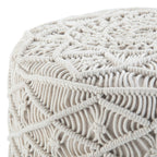 18" Off White Cotton Geometric Round Pouf Ottoman