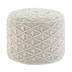 18" Off White Cotton Geometric Round Pouf Ottoman
