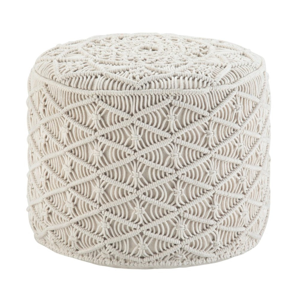 18" Off White Cotton Geometric Round Pouf Ottoman