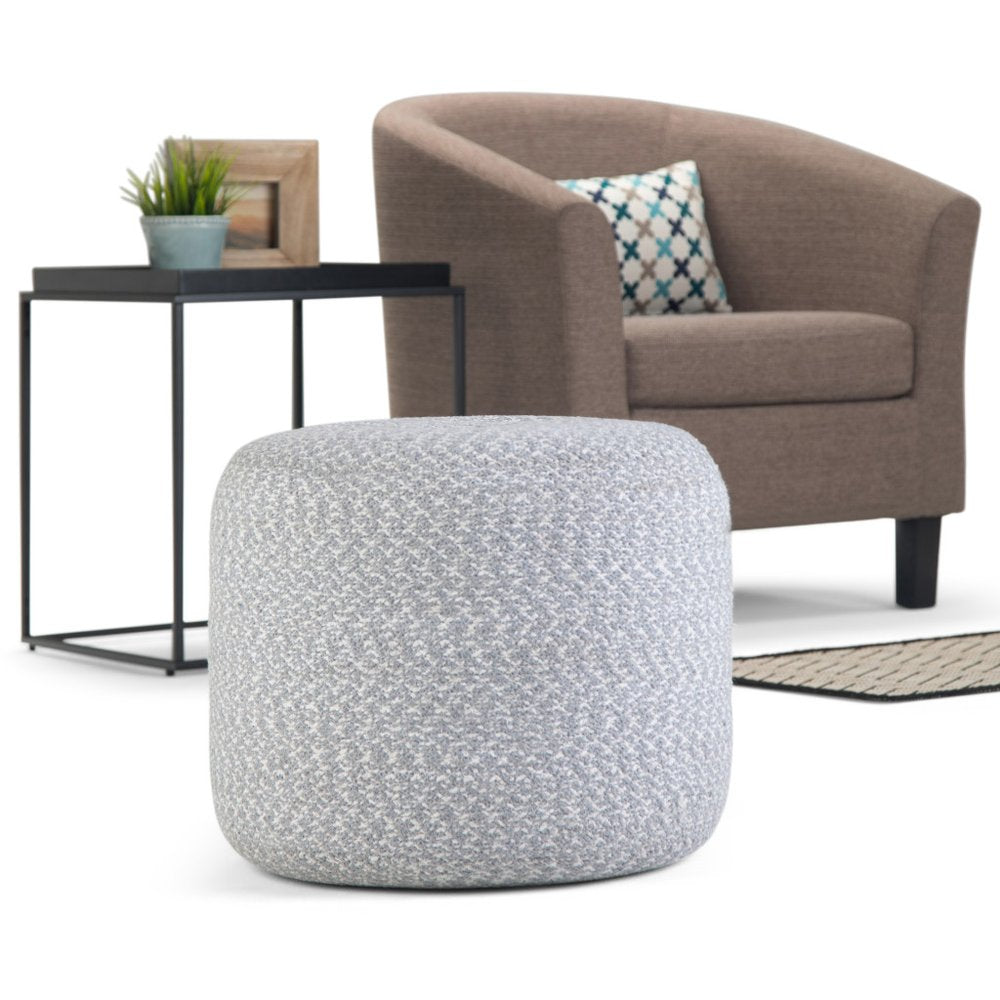 20" Blue and White Cotton Abstract Round Pouf Ottoman
