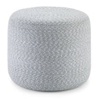 20" Blue and White Cotton Abstract Round Pouf Ottoman