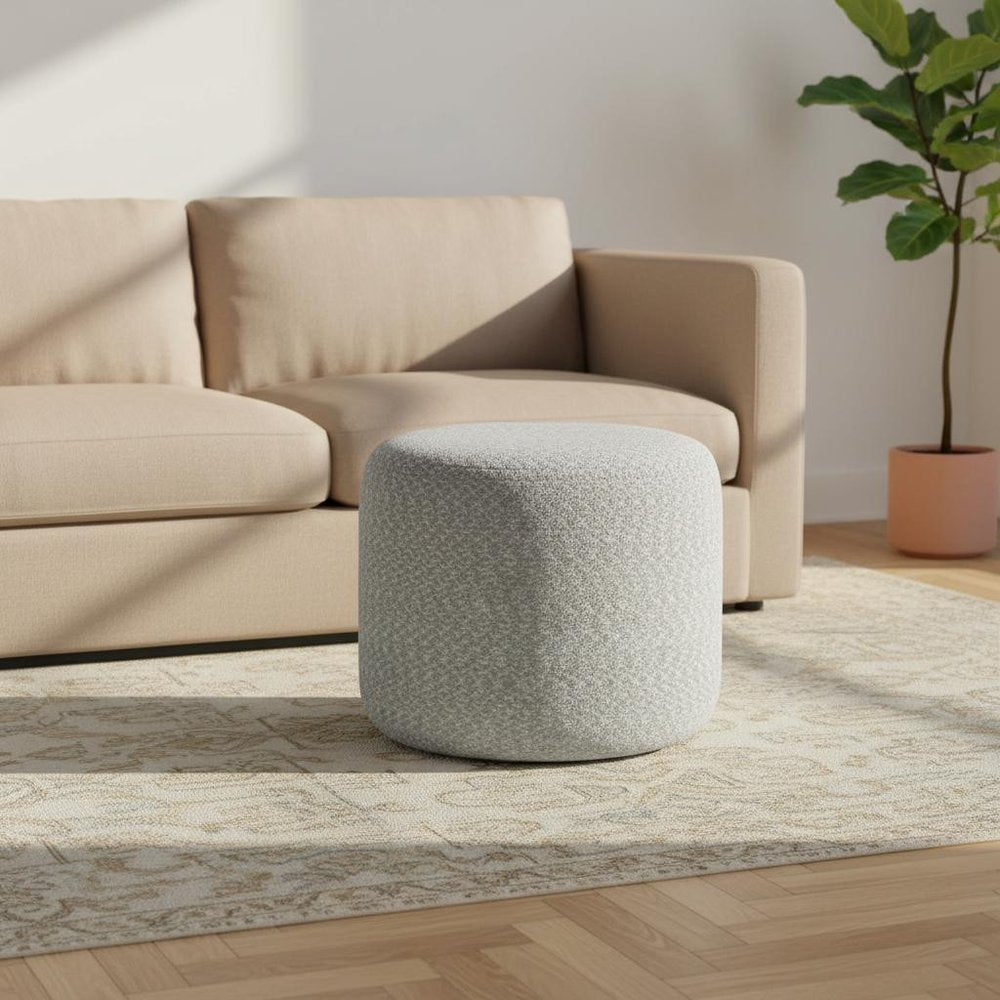 20" Blue and White Cotton Abstract Round Pouf Ottoman