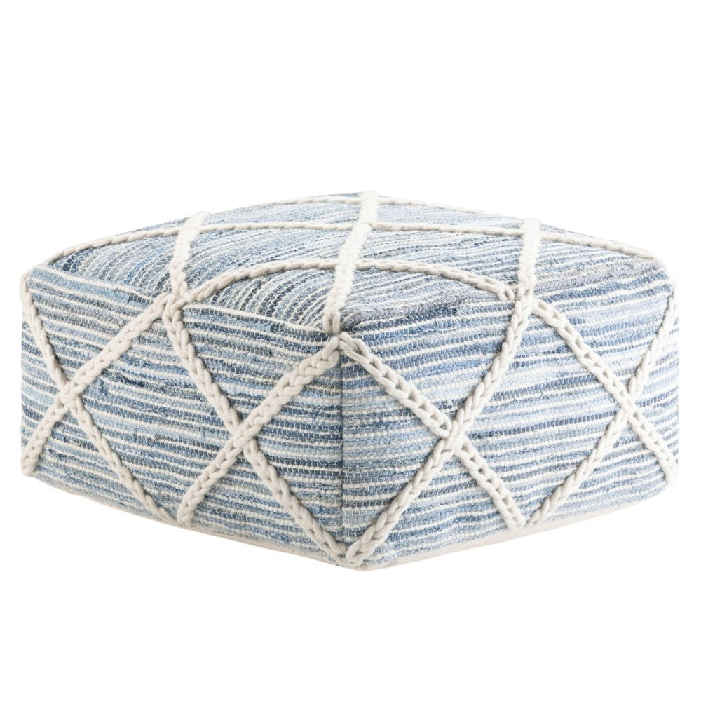 20" Blue and White Cotton and Wool Geometric Pouf Ottoman