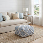 20" Blue and White Cotton and Wool Geometric Pouf Ottoman